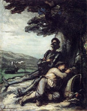 Don Quichote und Sancho Pansa mit einem Rest unter einem Baum