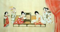 Beautiful lady, Playing chess - Chinese Painting