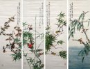 Oiseaux et fleurs (quatre écrans) - peinture chinoise