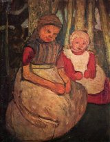 Two girls seated in the birch forest