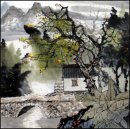 Construção, árvores, pintura chinesa River-