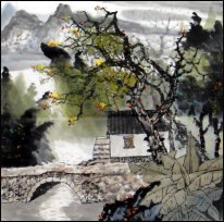 Bâtiment, arbres , peinture River- chinois