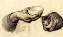 Hand mit Schüssel und eine Katze 1885