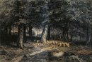 Gregge di pecore nella foresta 1865