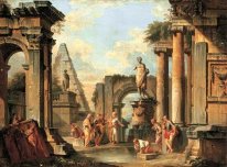 Um capricho de ruínas clássicas com Diogenes jogando fora seu c