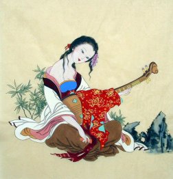 Beautiful lady, Guqin - Chinese Painting