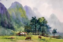 Montañas, árboles, acuarela - Pintura china