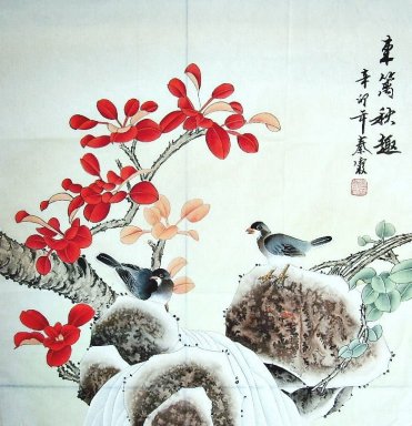 Pássaros & folhas vermelhas - pintura chinesa