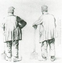 Dua Sketsa Of A Man Bersandar Pada Spade Nya 1867