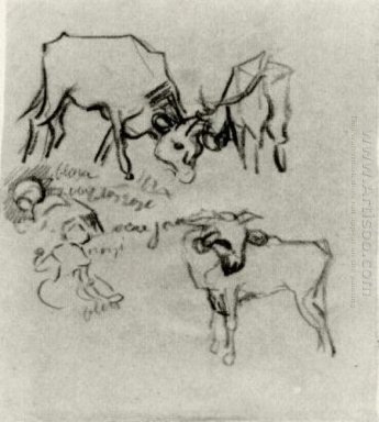 Croquis des vaches et des enfants 1890