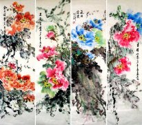 Pivoine (quatre écrans) - peinture chinoise