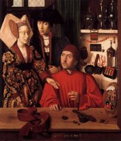 St. Eligius as a goldsmith showing a ring to the engaged couple