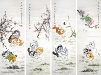 Cat (vier schermen) - Chinese Schilderkunst