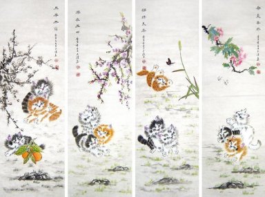 Cat (fyra skärmar) - kinesisk målning