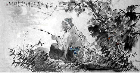 O homem idoso está pescando - Pintura Chinesa